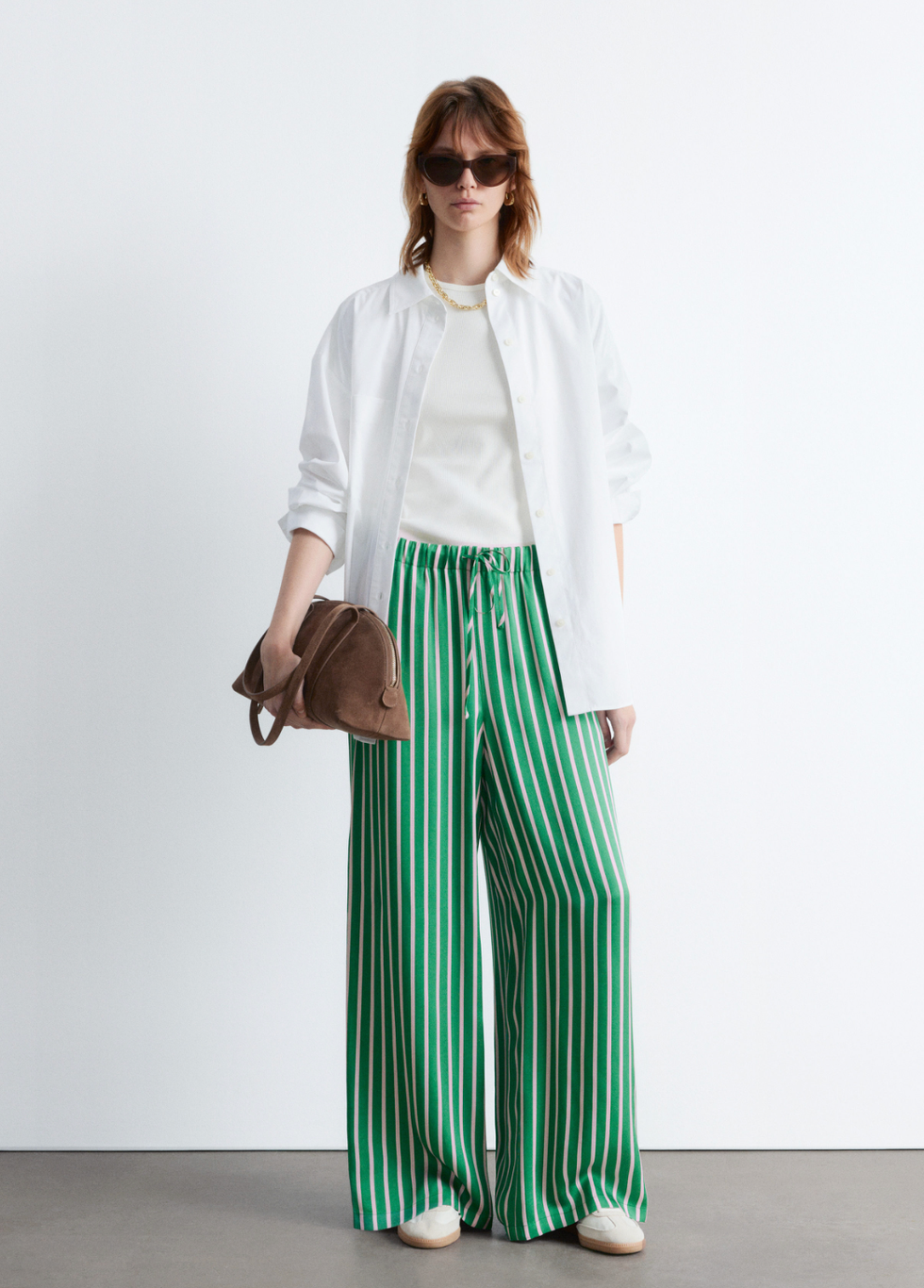 Green and pink stripe viscose trousers 