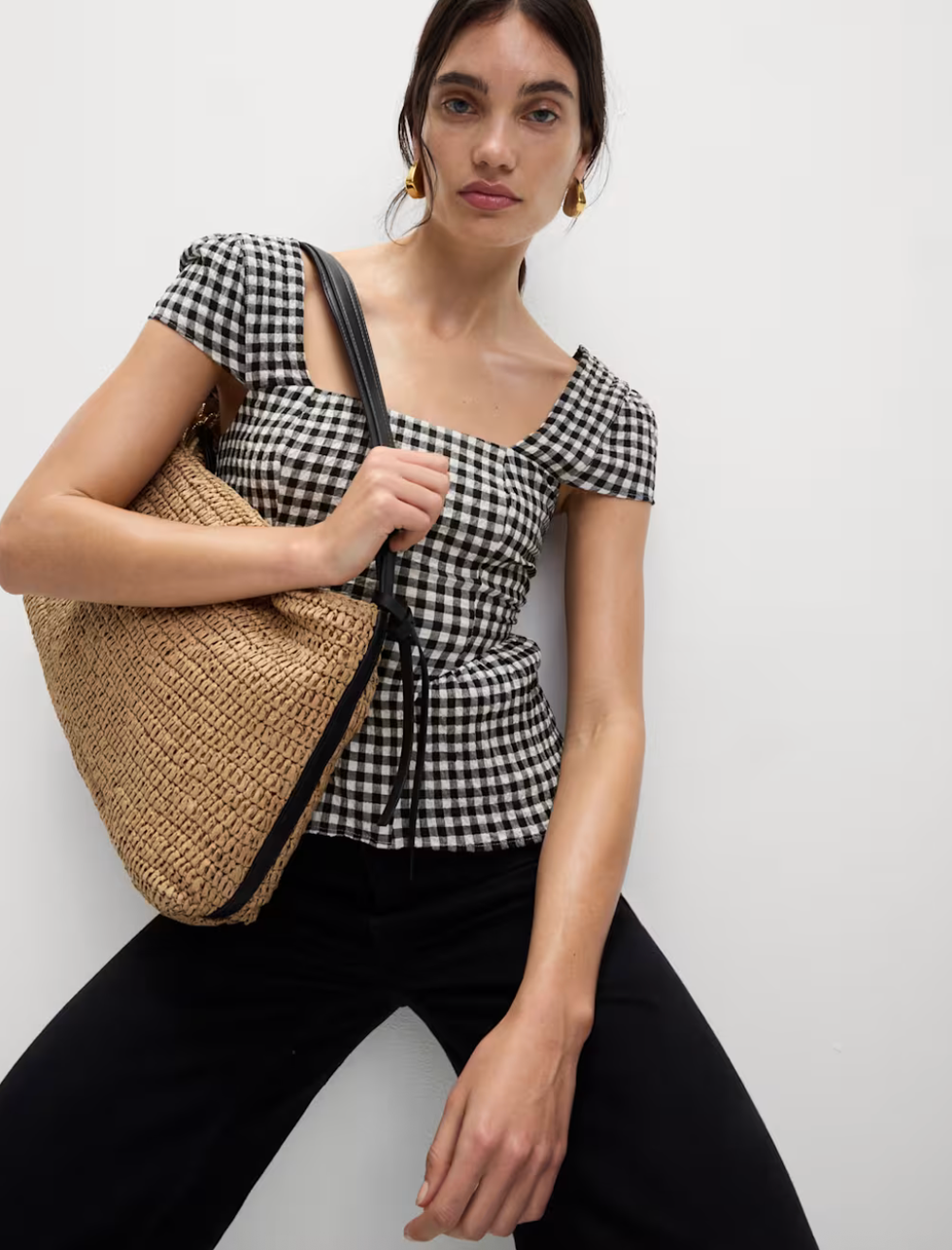 Cotton Rich Checked Cap Sleeve Peplum Top