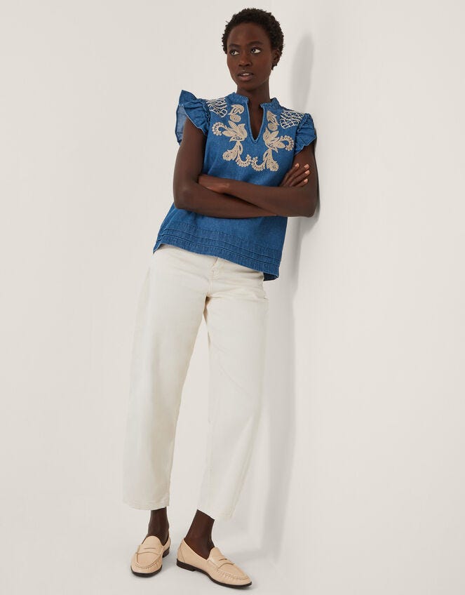Holly Embroidered Denim Top Blue