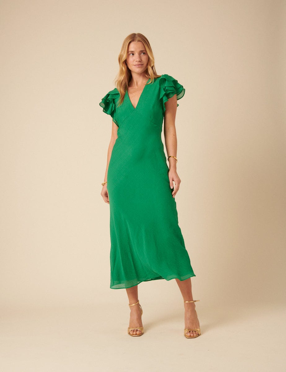 Green Frill Sleeve Layla Midi Dress