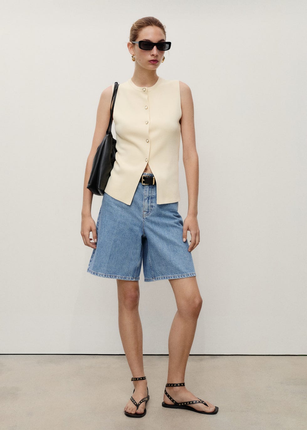 High-waist straight-fit denim shorts