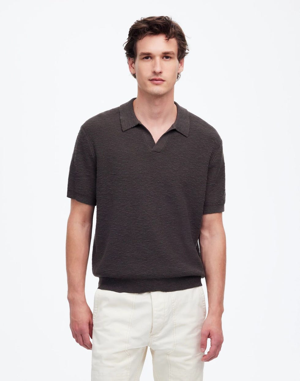 Waffle-Knit Johnny-Collar Sweater Polo
