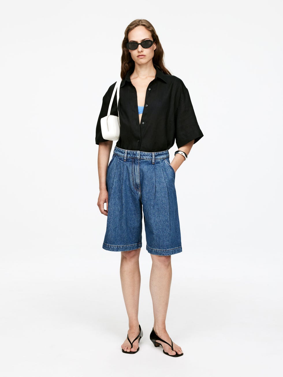 Pleated Denim Shorts
