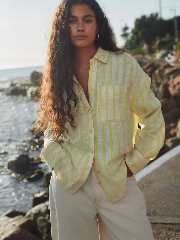 Neutral/Yellow Stripe Long Sleeve Shirt With Linen