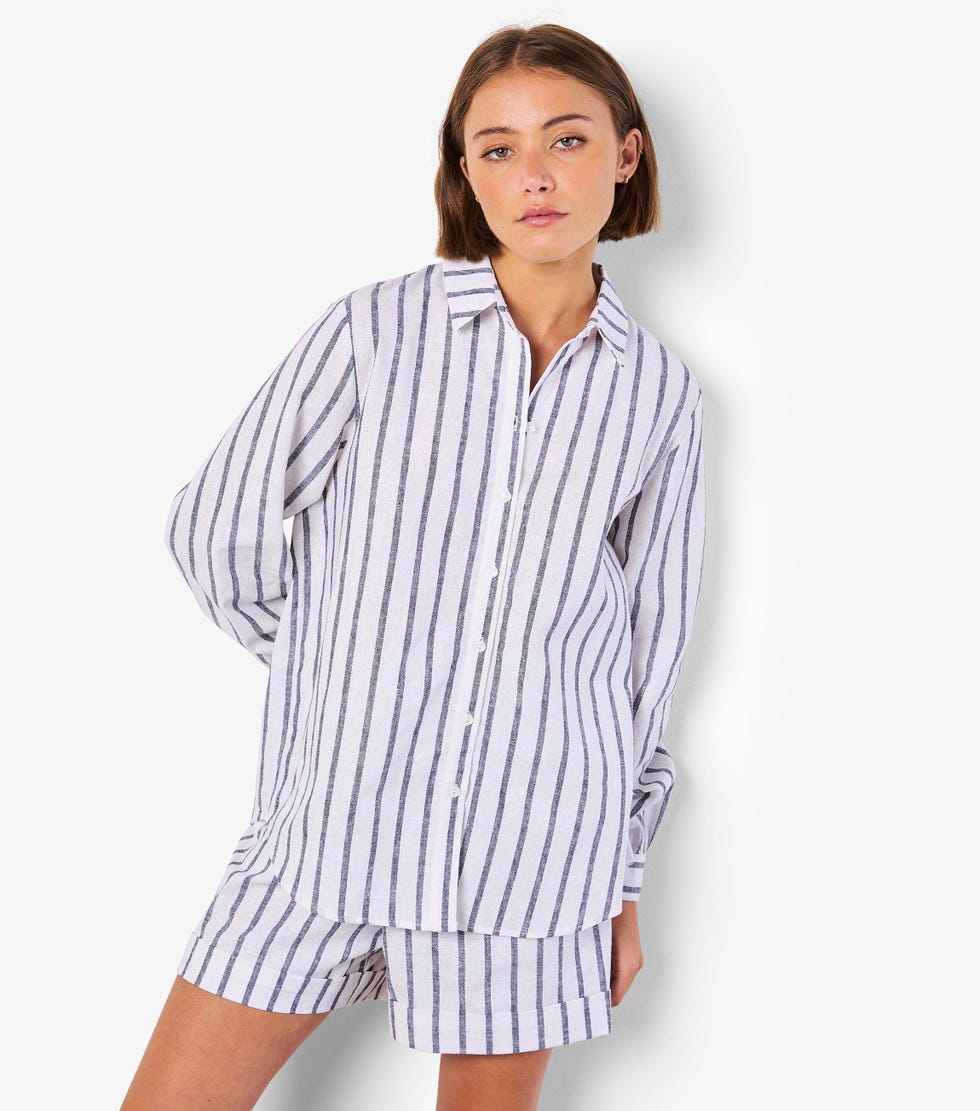 Apricot Navy Striped Print Linen Blend Shirt