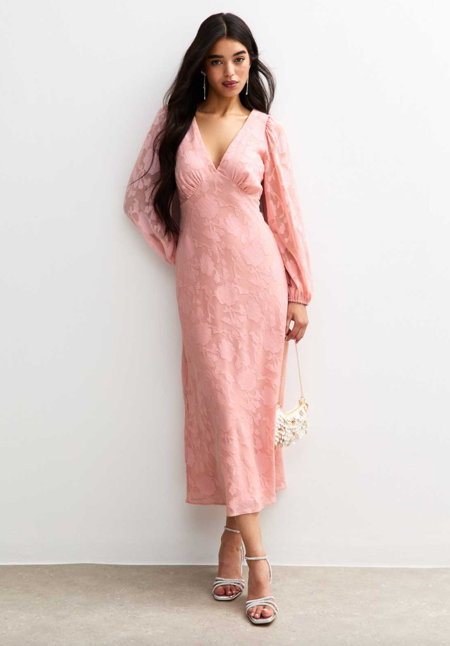 Pink Floral Patterned Long Sleeve Midi Dress