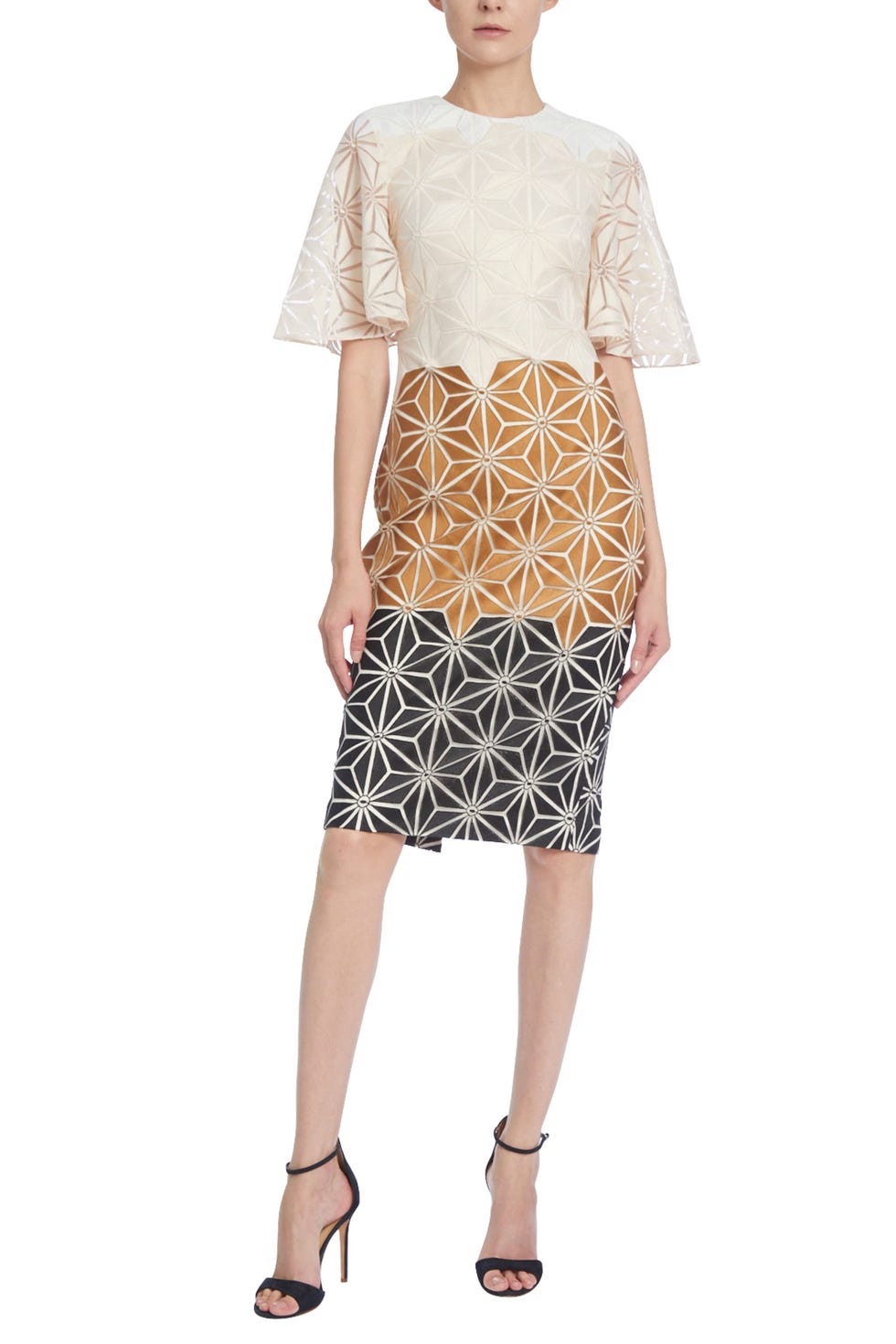 Tri-Colored Sheath Dress with Geometric Embroidered Print