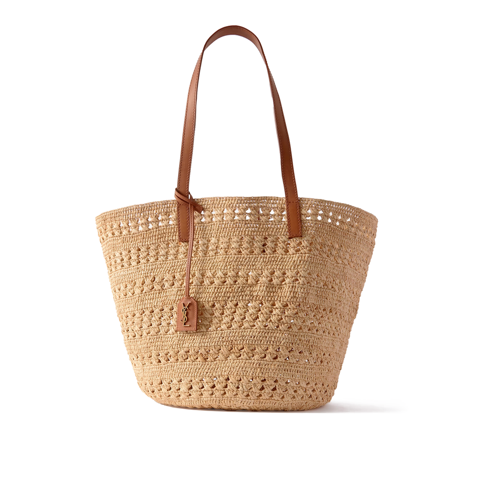 Bolso mediano Panier de rafia con ribete de cuero