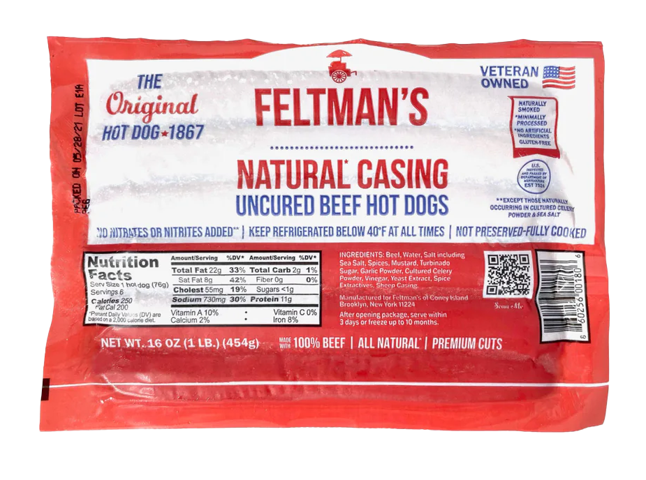 Feltman's Natural Casing Uncured Beef Hot Dogs