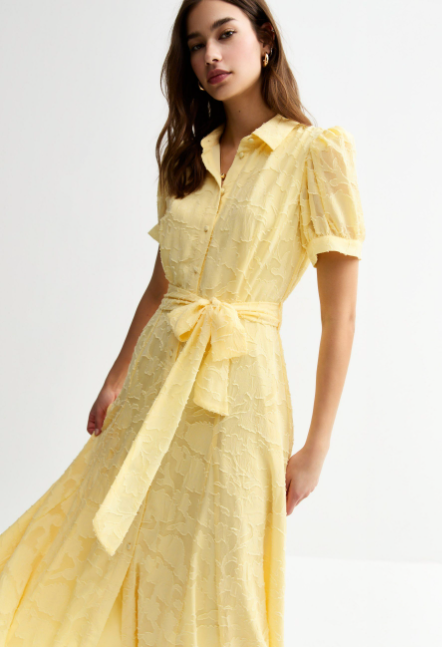 Yellow Devore Belted Midi Shirt Dress