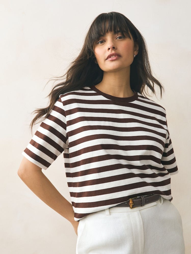 Chocolate Brown Stripe Heavyweight Short Sleeve Crew Neck T-Shirt
