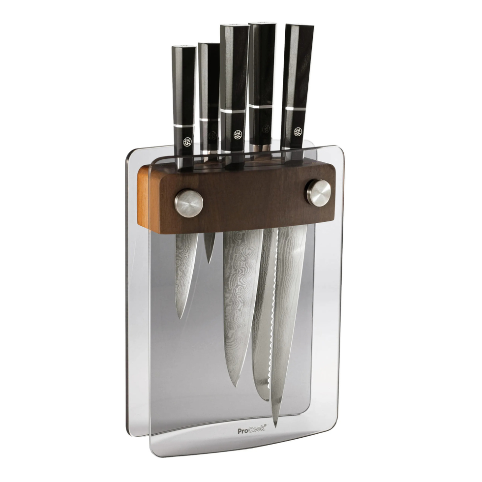 Damascus Elite Knife Set 5 Piece and Magnetic Glass Block