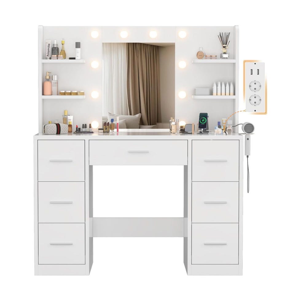 Tocador de Maquillaje Grande con Luces LED, Enchufes, Mesa de Maquillaje con Soporte para Secador de Pelo, Gran Espejo de 12 Bombillas, 7 Cajones y 6 Estantes
