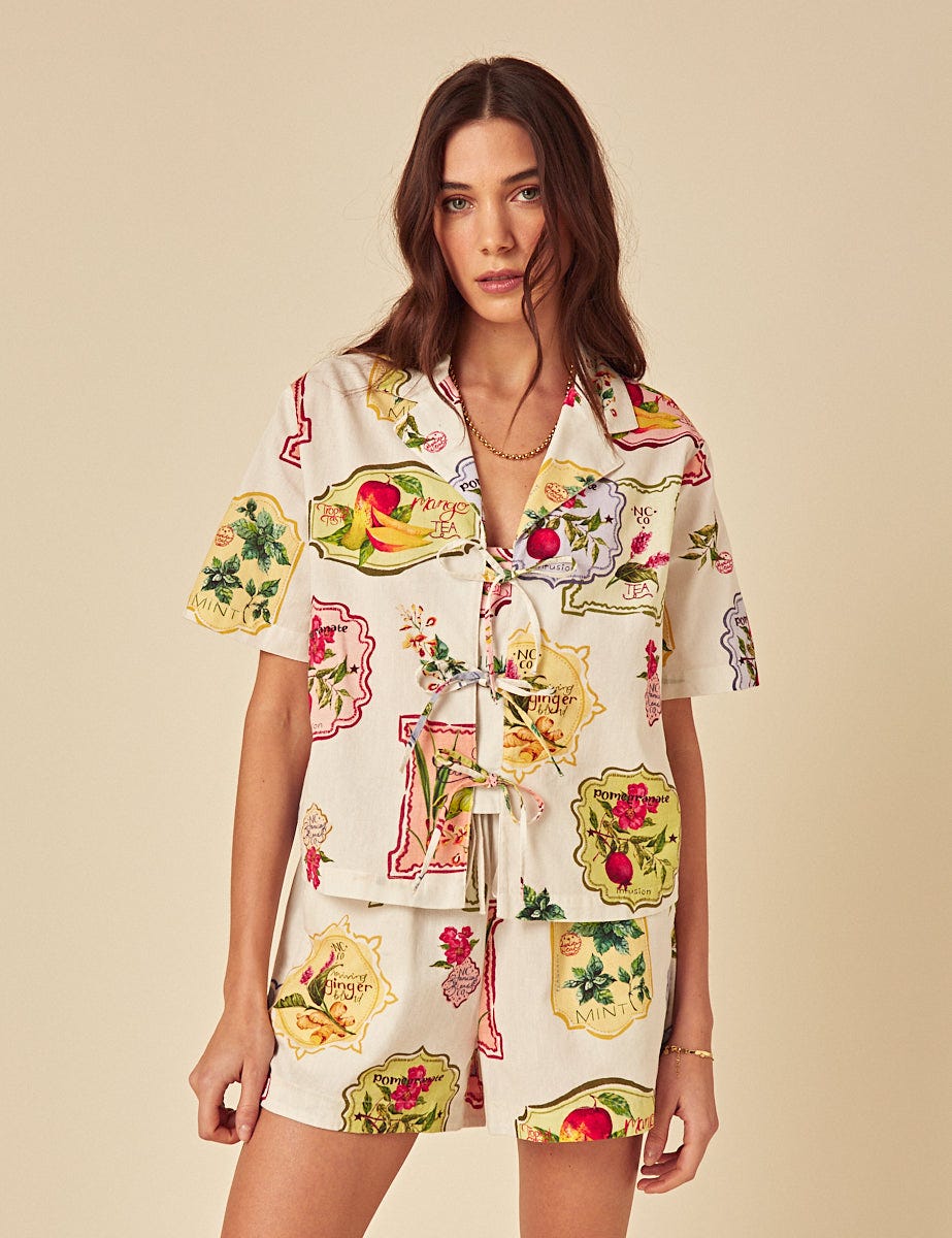 Cream Printed Tie Front Shirt