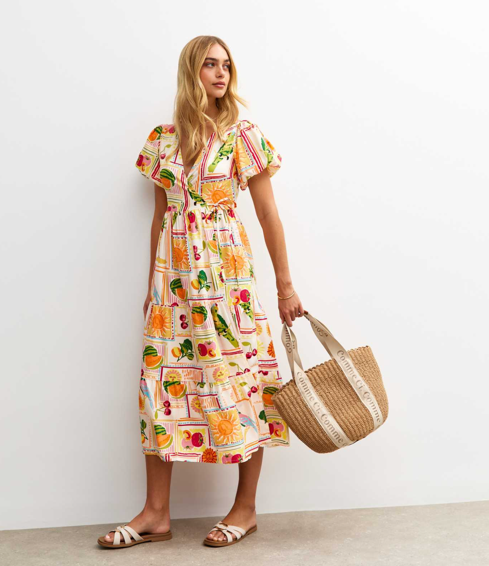 White Tropical Print Wrap Midi Dress