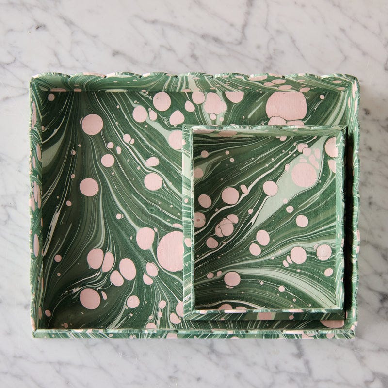 Marbled Scalloped Tray Set, Green