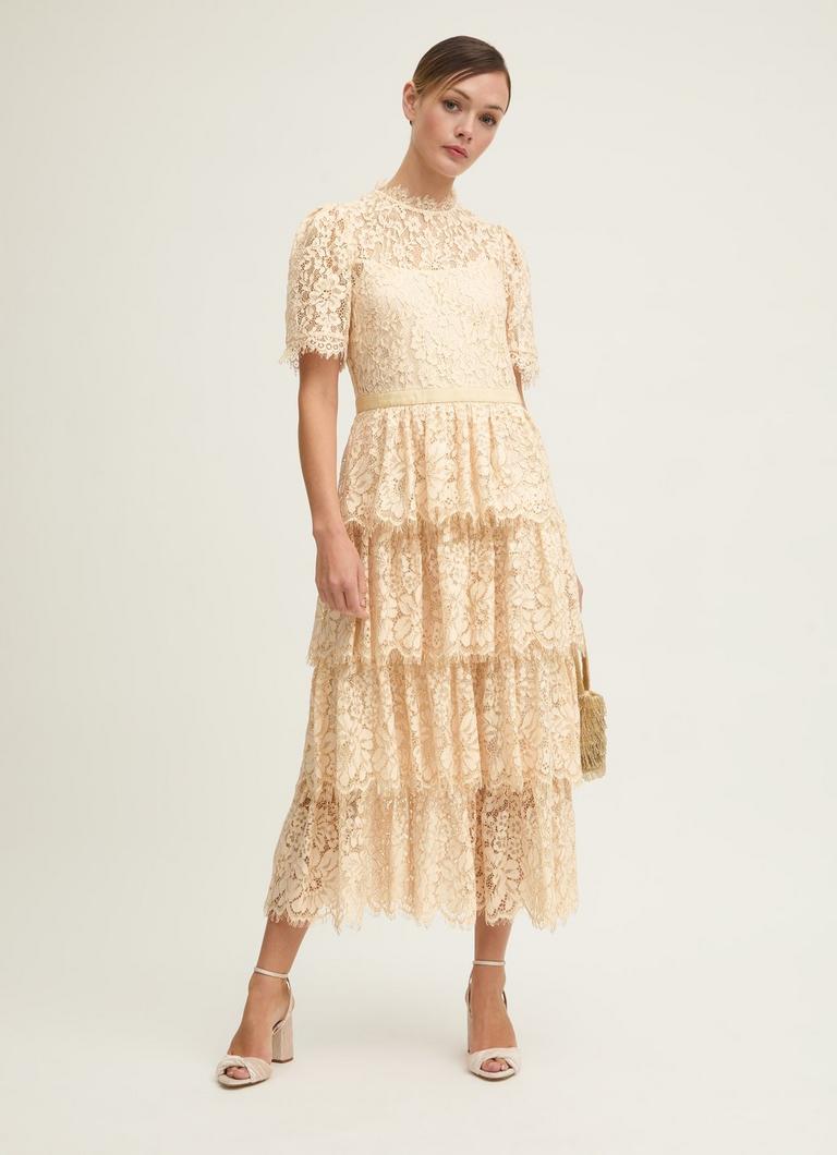 Cecily Champagne & Gold Lace Tiered Maxi Dress
