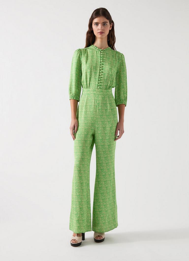 Naomi Green & Italian Straw Swirl Print Crepe Jumpsuit