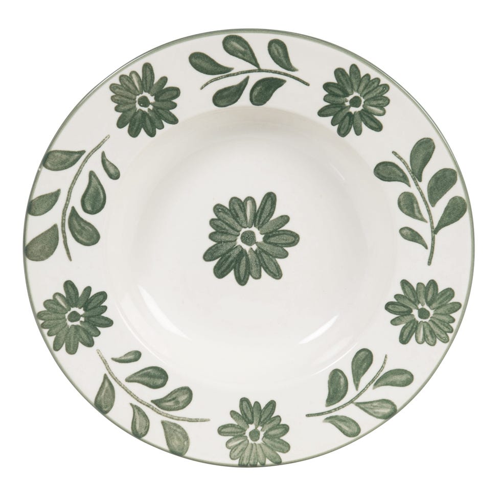  Plato hondo de cerámica blanca y flores y hojas verdes