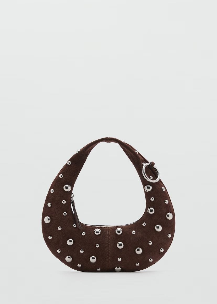 Leather Handbag with Metallic-Balls Appliqué