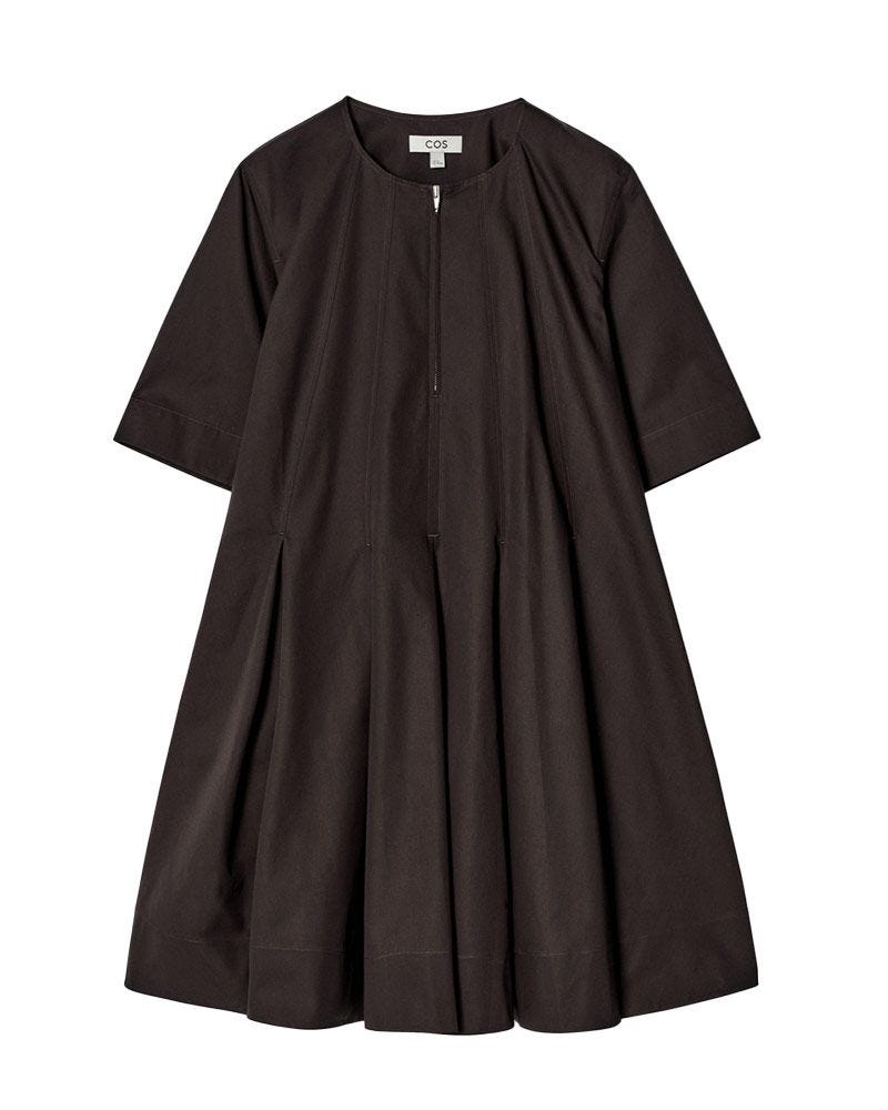 Pleated Zip Up Cotton Mini Dress