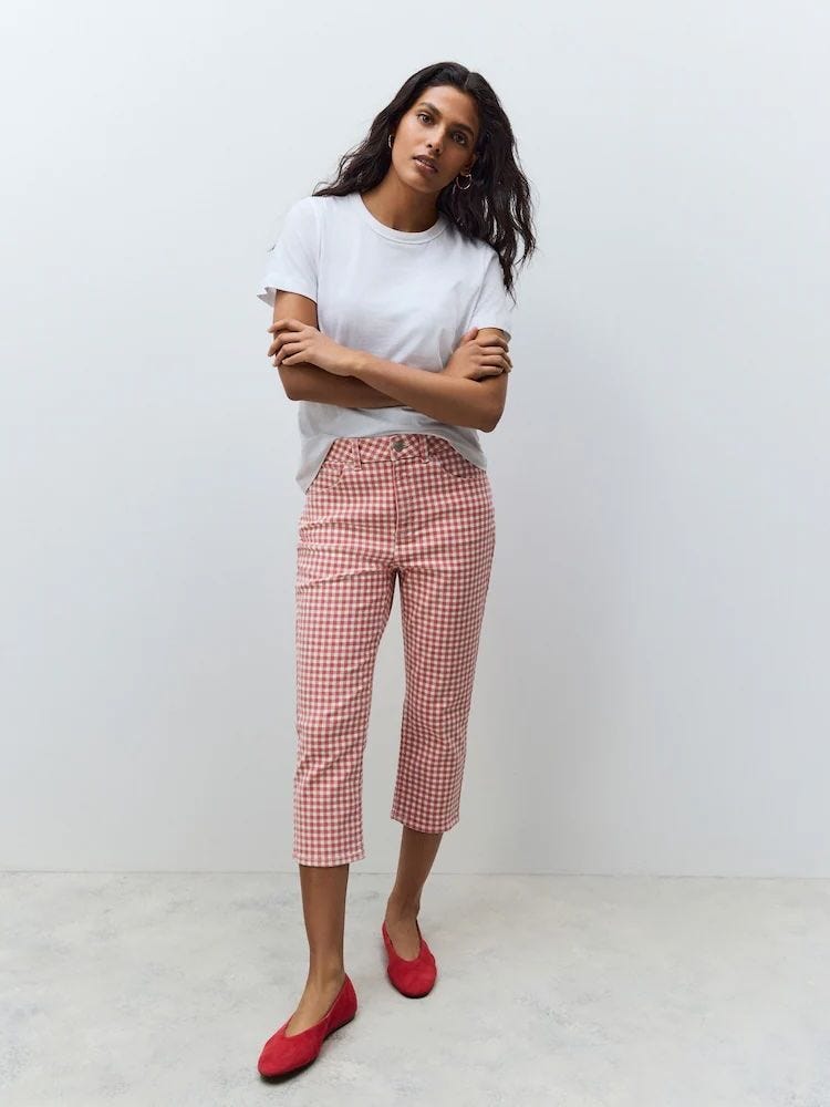 Red/White Gingham Authentic Denim Cropped Capri Jeans