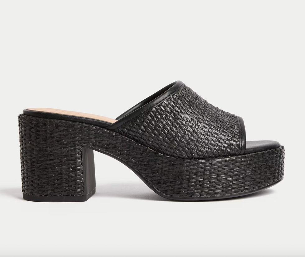 Raffia Woven Platform Peep Toe Mules in black