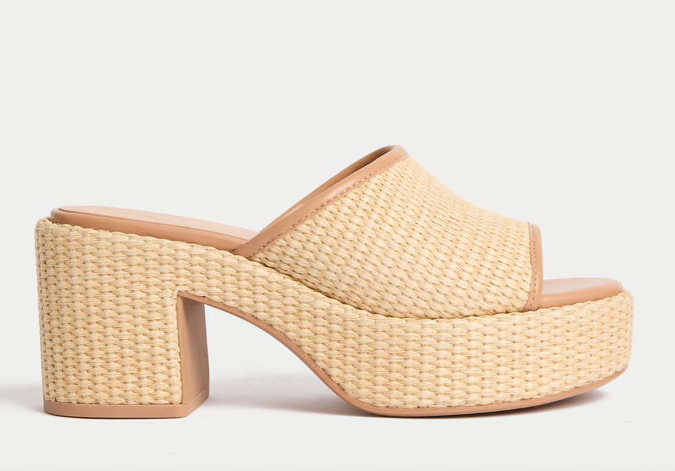 Raffia Woven Platform Peep Toe Mules in natural