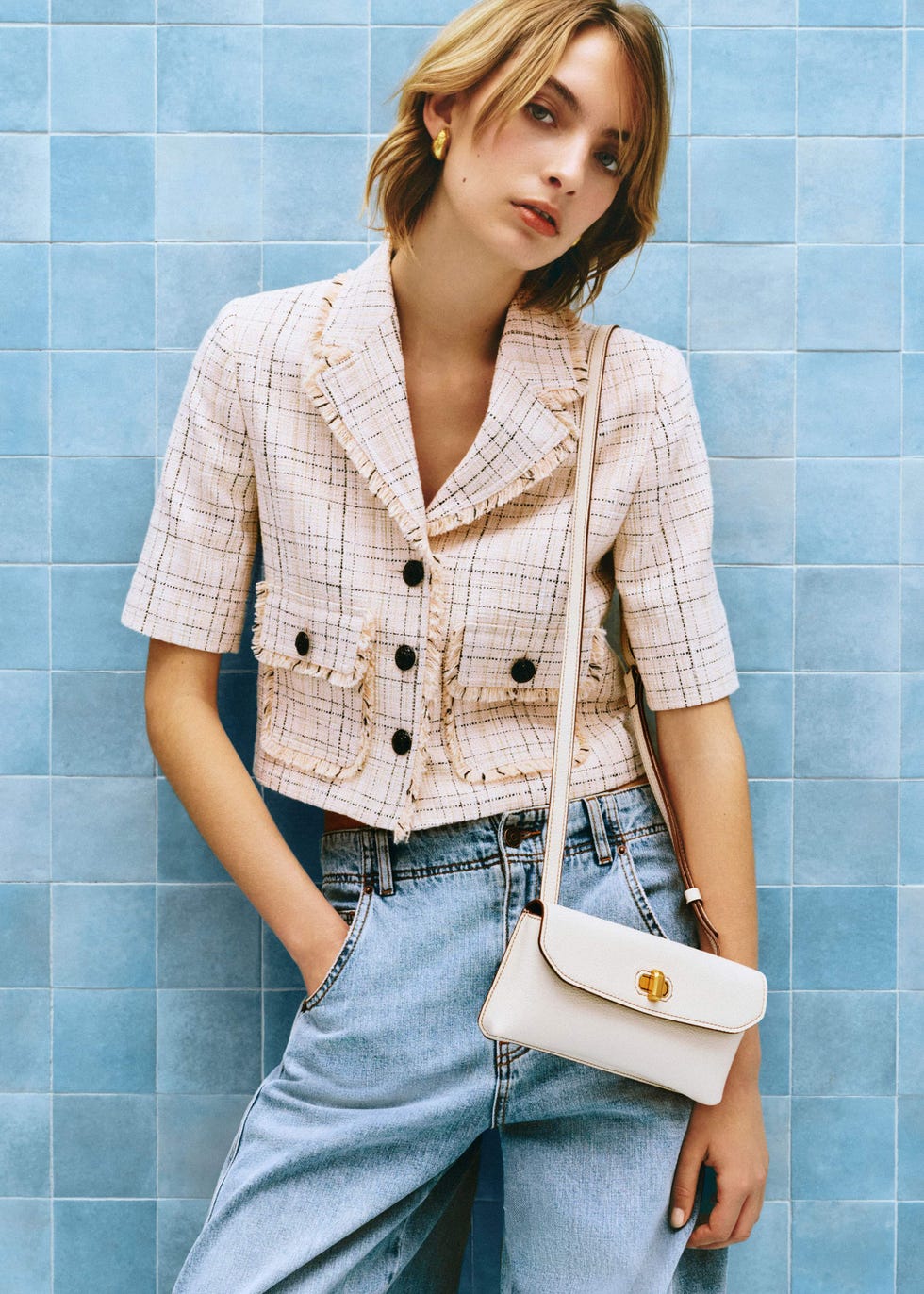 Tweed Short Sleeve Crop Jacket Textured Tailoring Fabric