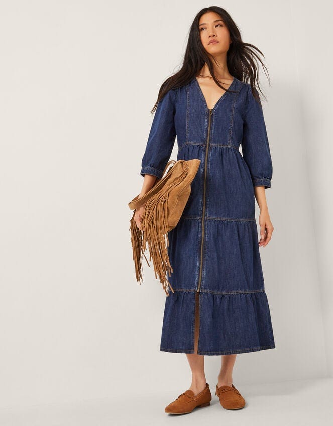 Maya Zip Denim Midi Dress Blue