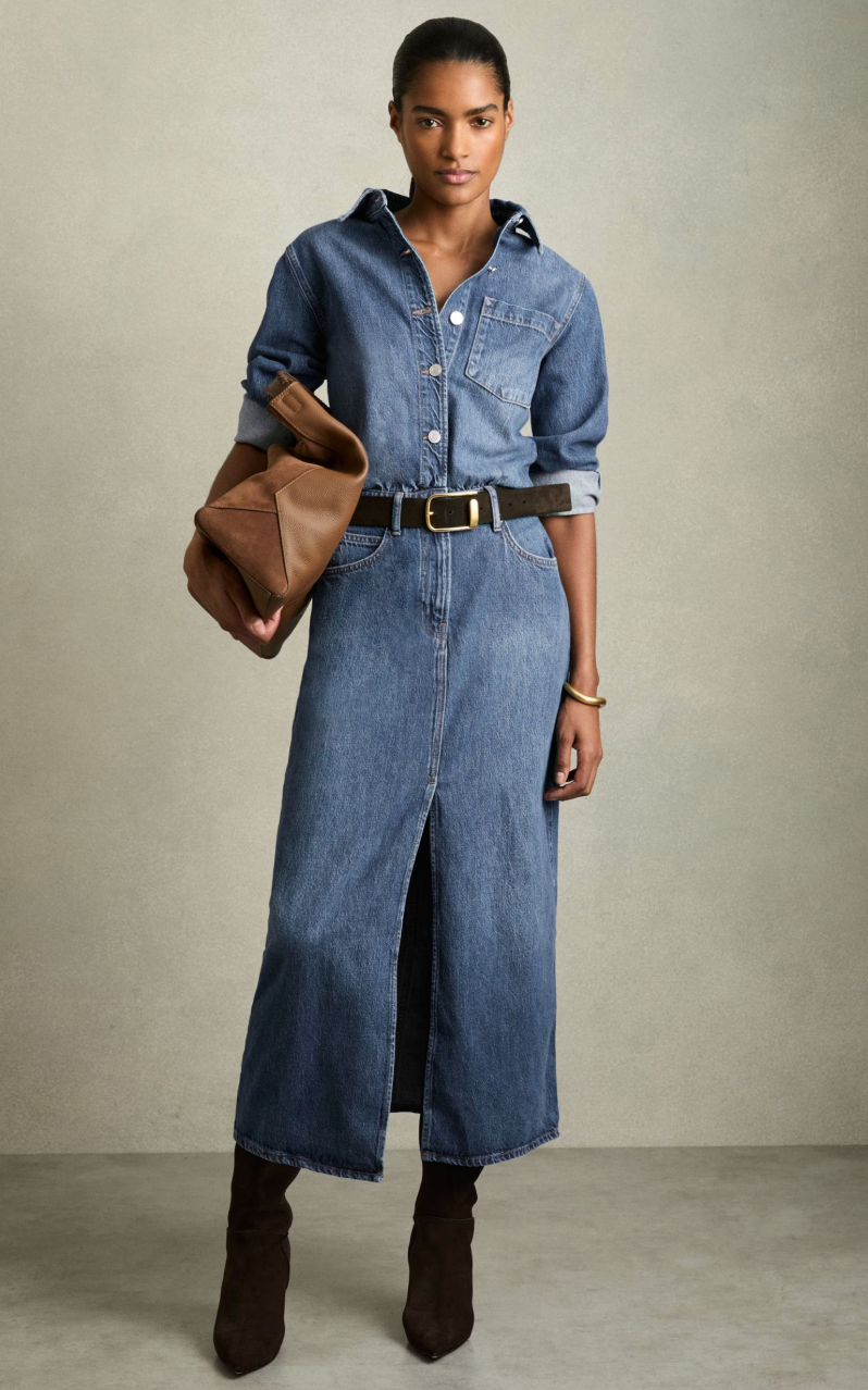 Denim Button-Through Midi Dress in Indigo