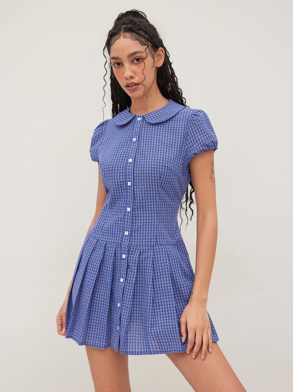 Cotton-Blend Collar Plaid Pleated Mini Dress