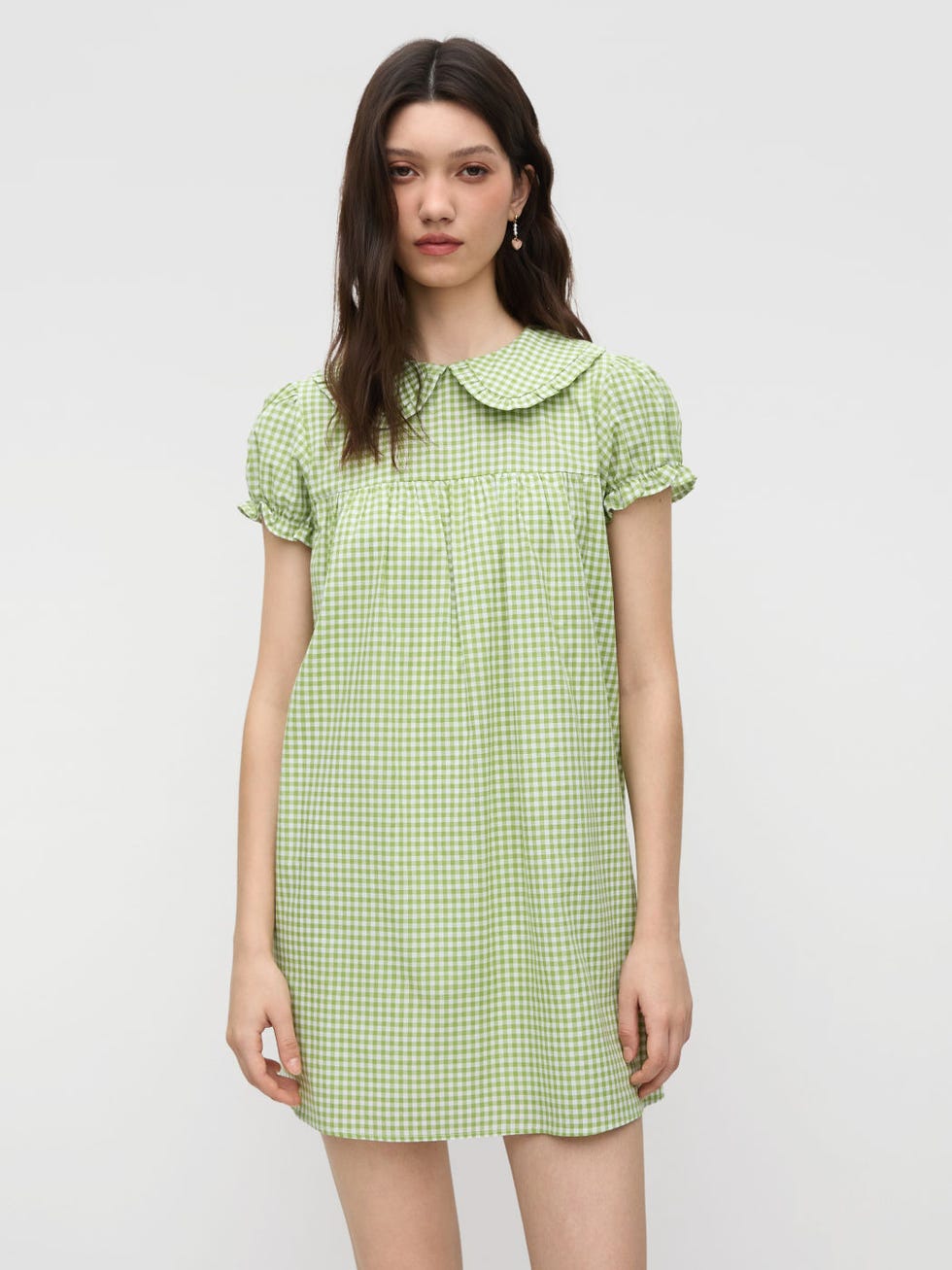 Cotton Peter Pan Collar Gingham Puff Sleeve Button Mini Dress