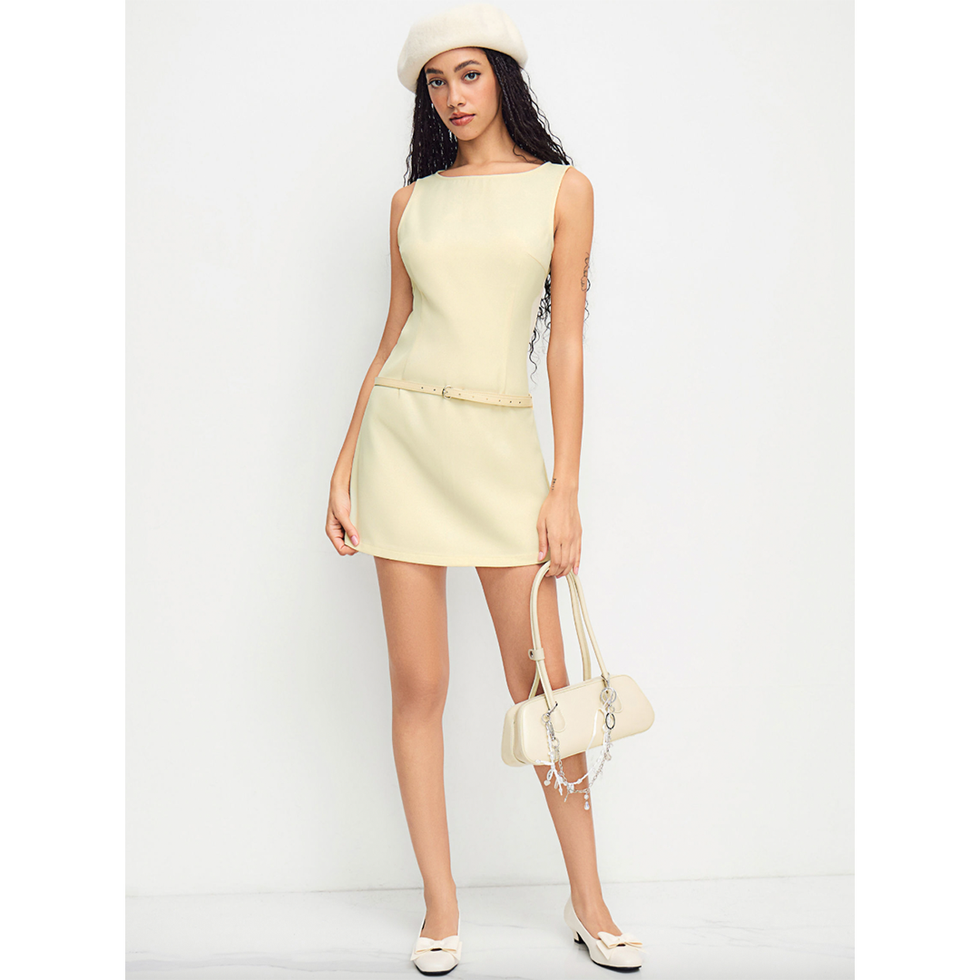 Boat Neck Belted Mini Dress