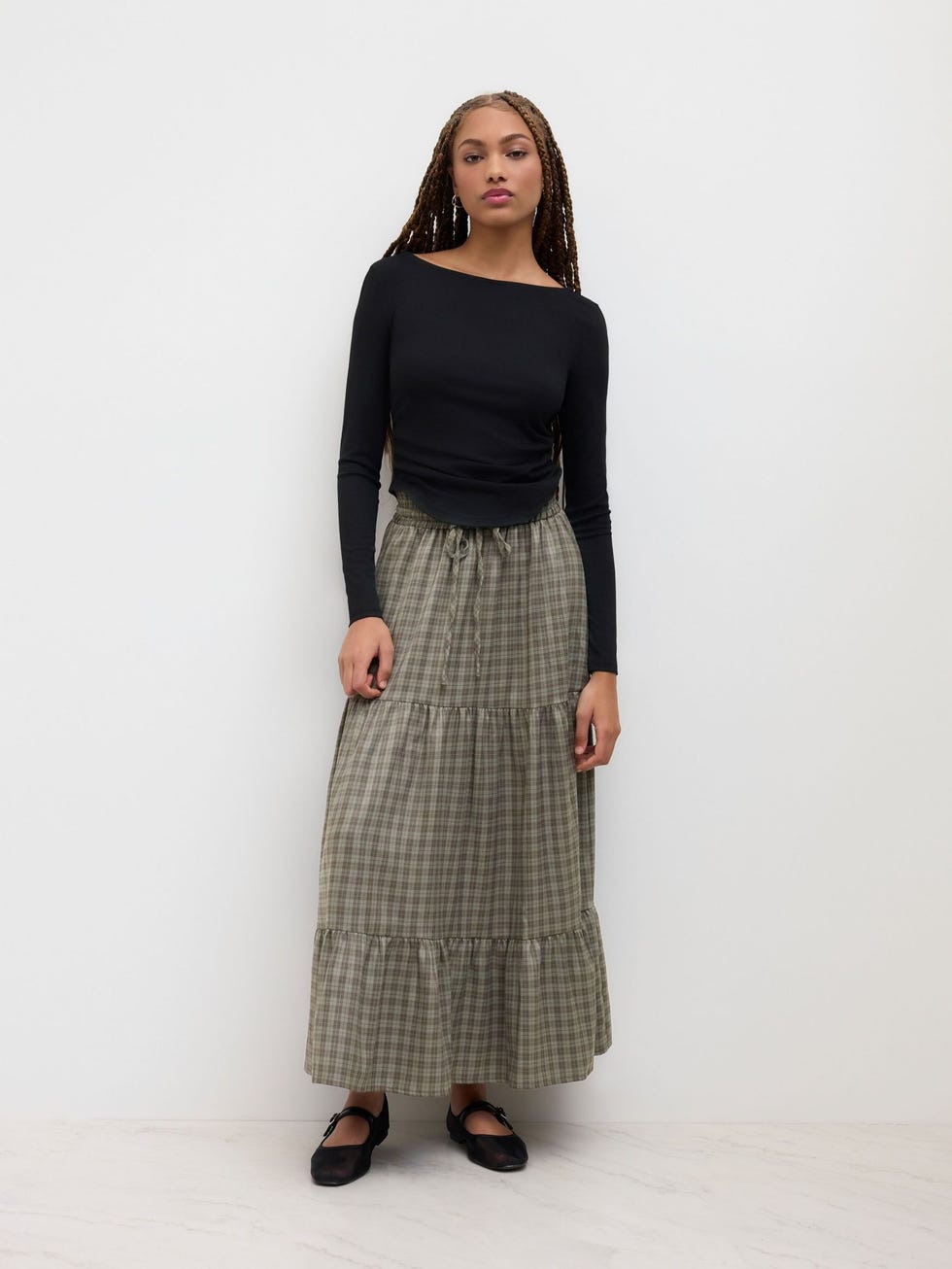 Elastic Waist Check Knotted Tiered Maxi Skirt