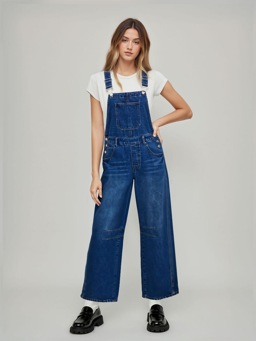 Denim Solid Buckle Pocket Barrel-Leg Jumpsuit