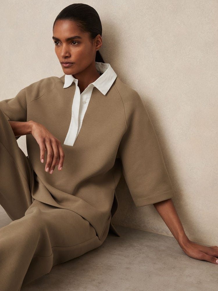 Camel Gaia Cotton-Blend Interlock Collar Sweatshirt by Reiss