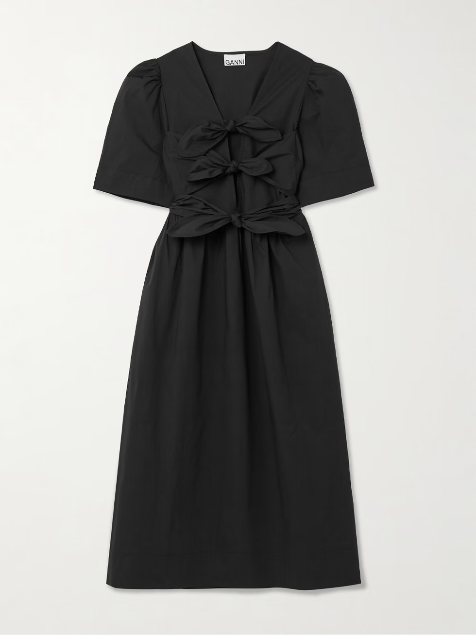 Ganni bow-embellished cotton poplin midi dress