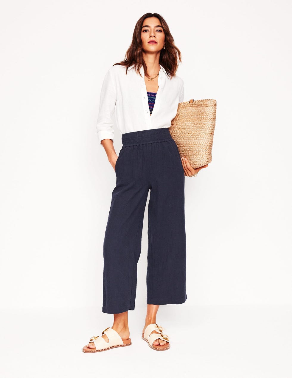 Cropped Double Cloth Trousers Navy
