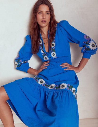 Elena Double Cloth Midi Dress Blue Embroidery