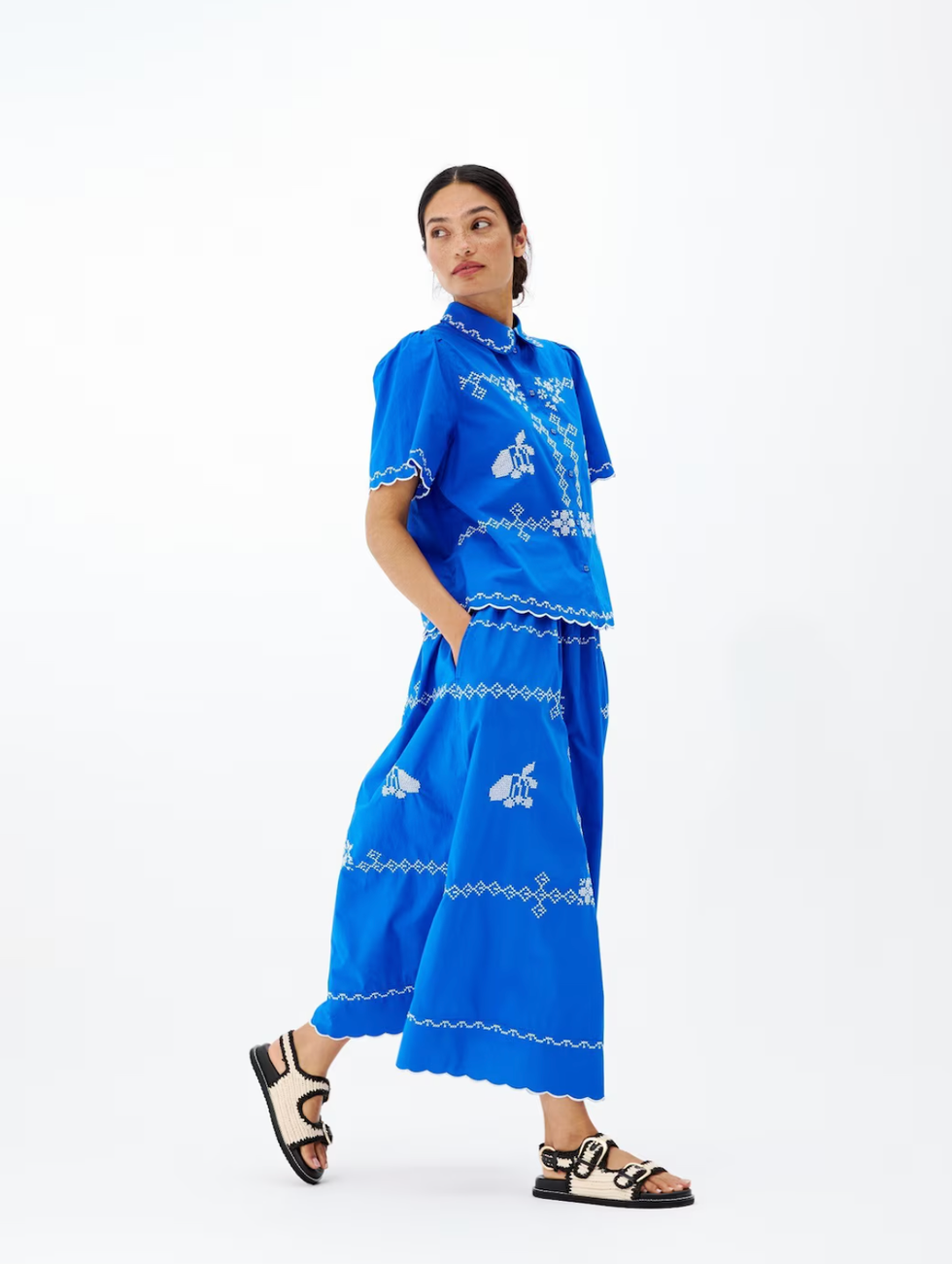 Cobalt Blue Cross Stitch Cotton Shirt