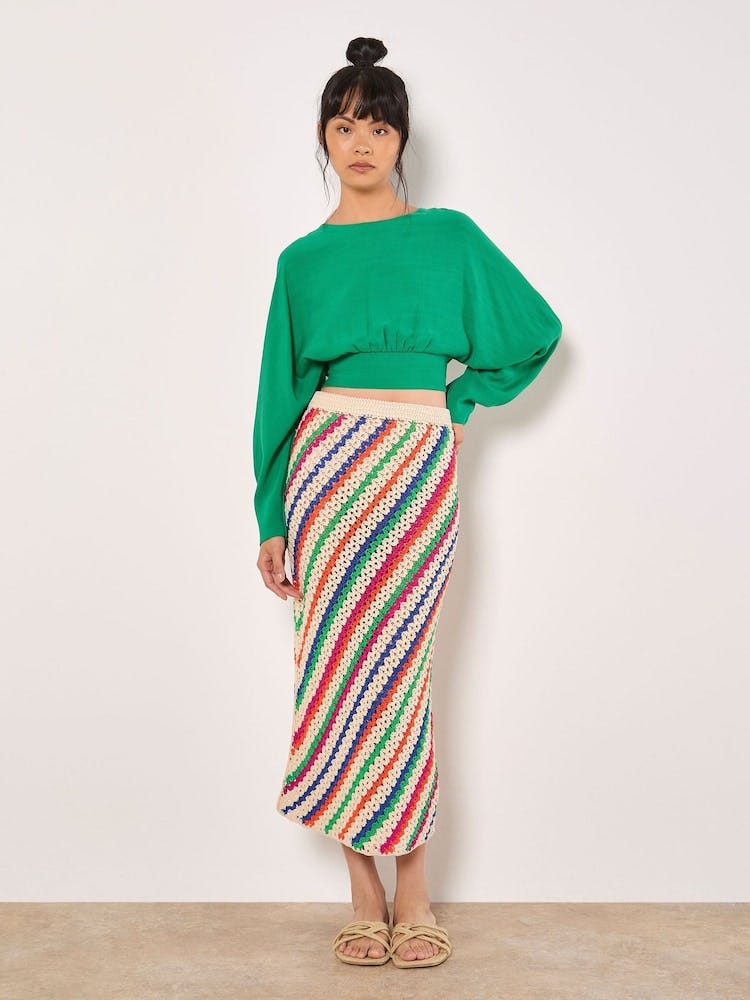 Apricot Multi Diagonal Hand Crochet Midi Skirt