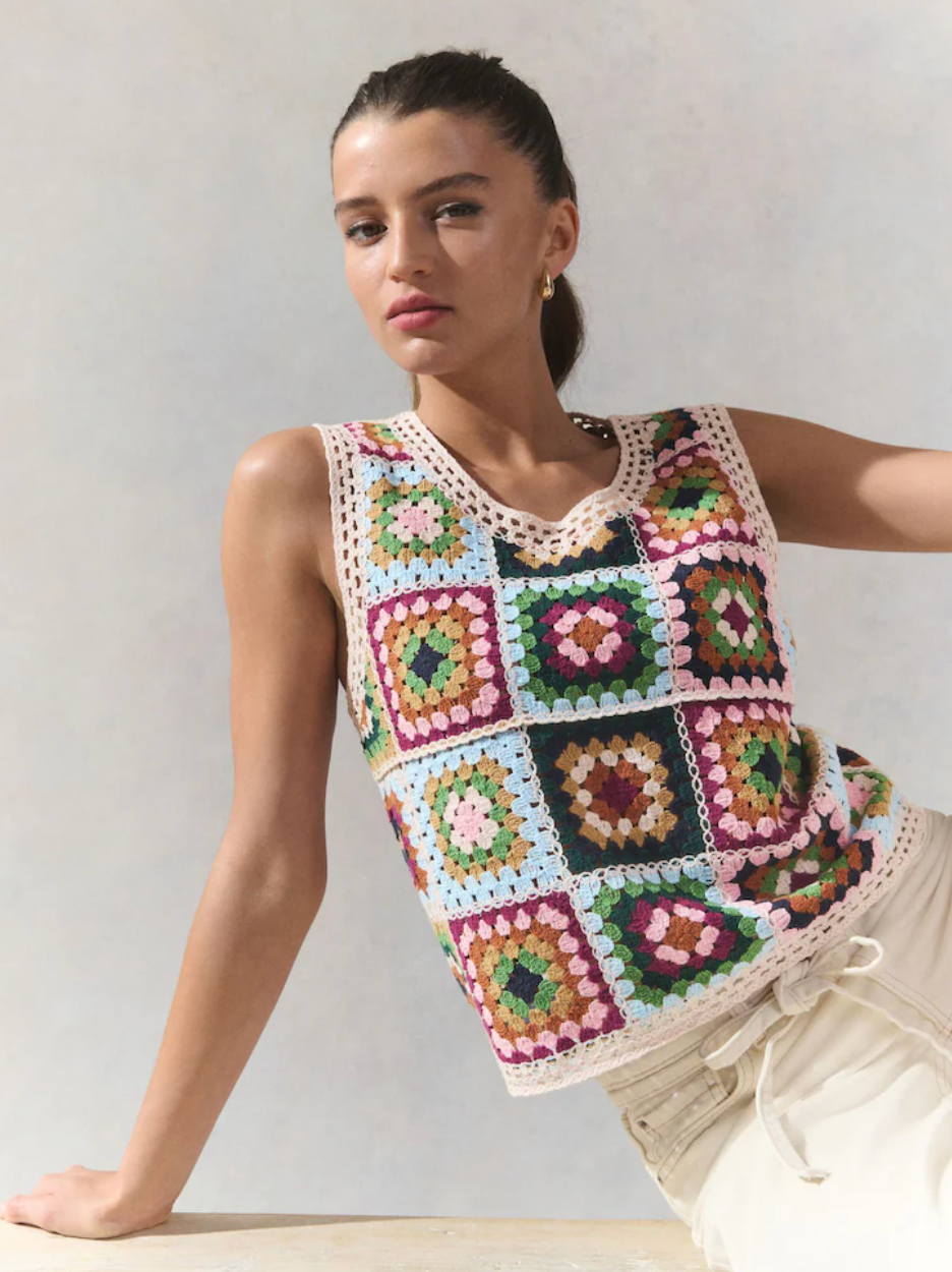 Green Multi Crochet Patch Square Tank