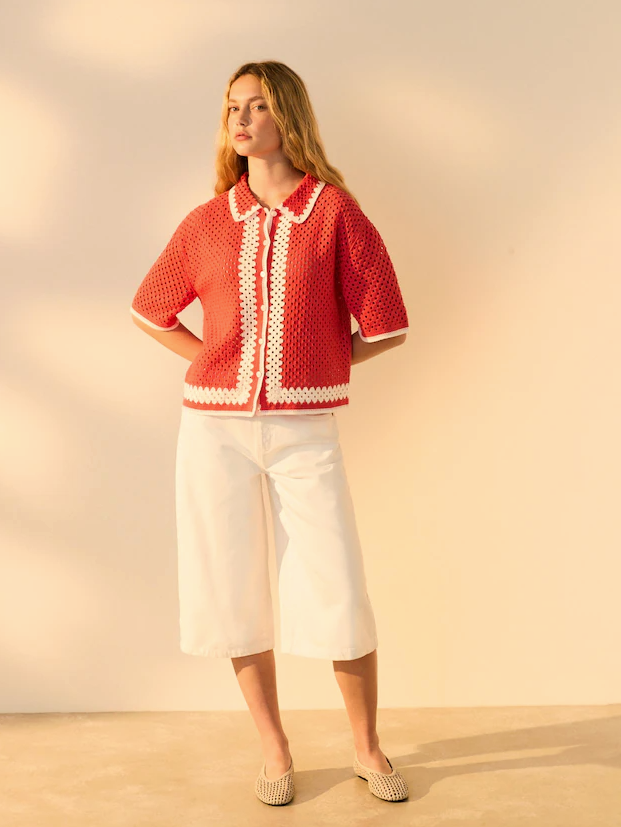 Relaxed Short Sleeve Collared Crochet Shirt