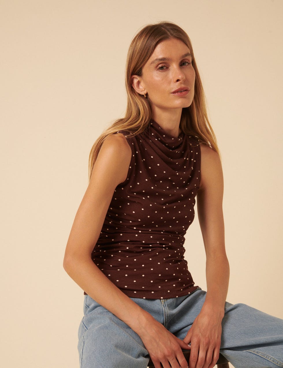 Brown Polka-Dot Ruched Top
