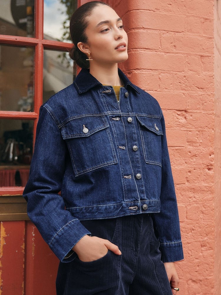 Dark Blue Cord-Collar Denim Jacket