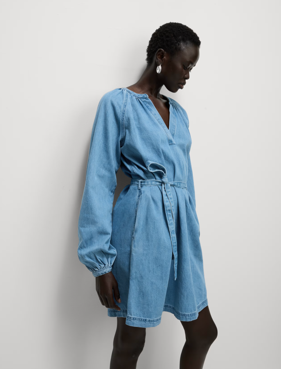 Pure Cotton Denim V-Neck Mini Waisted Dress