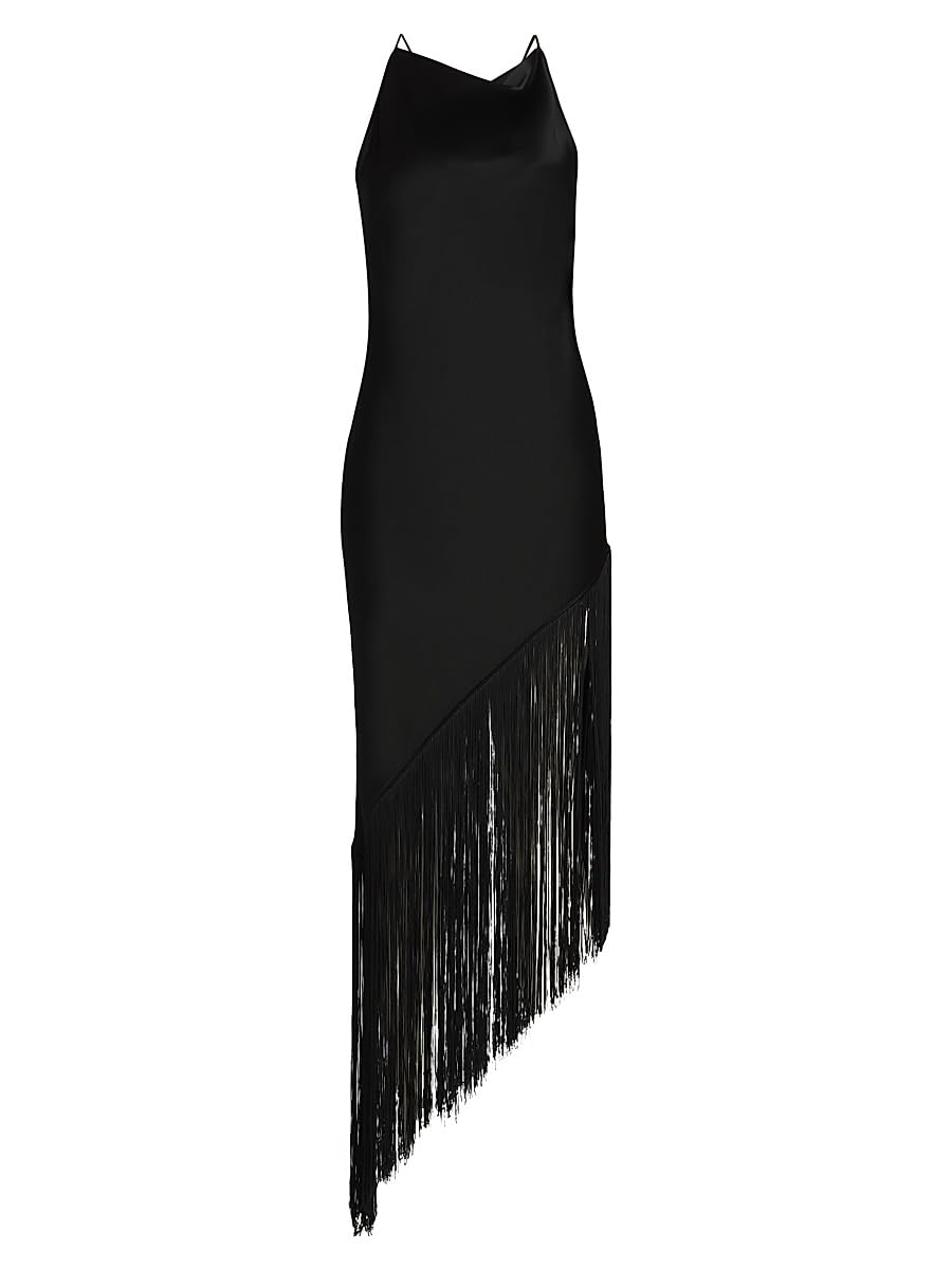 Fringed Satin Cowl Neck Midi Dress