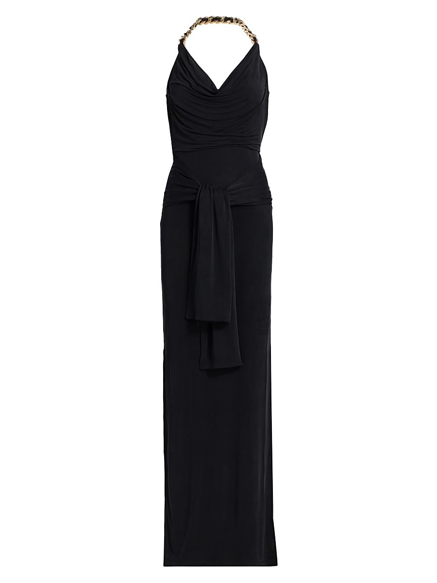 Chain Strap Tie-Waist Halter Gown