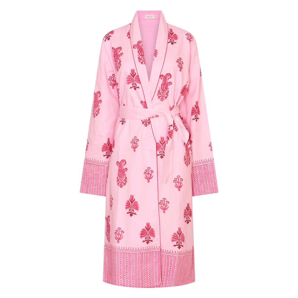 Cotton Cambric Mid Pink Botanical Shawl Robe